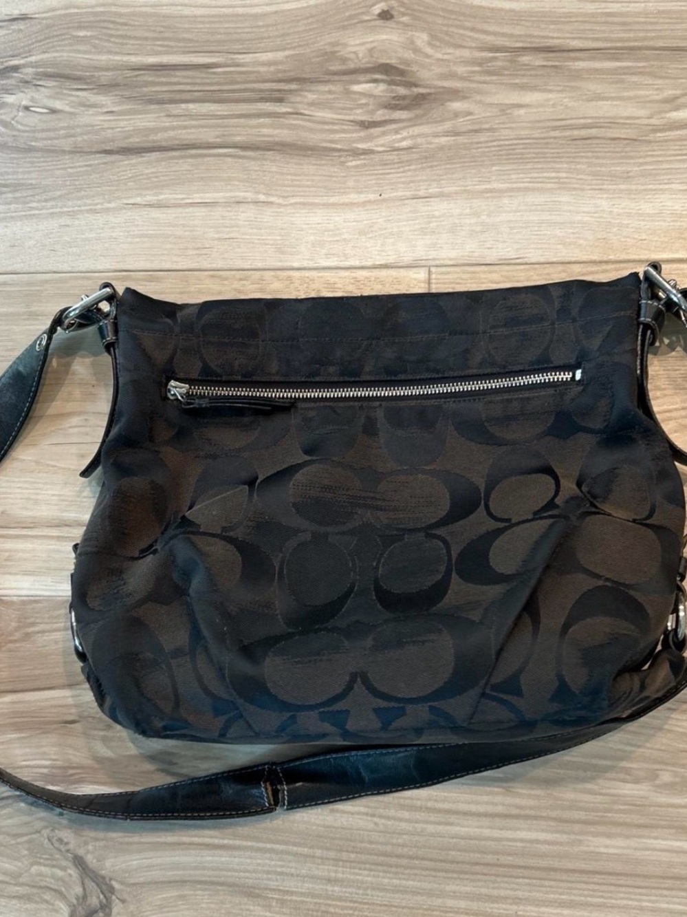Black Coach Pattern Shoulder Bag with Front Zip - Women's Crossbody